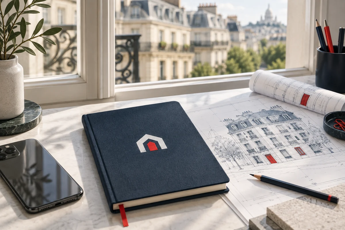 Téléphone, carnet Ardentia et plans de bâtiment sur un bureau