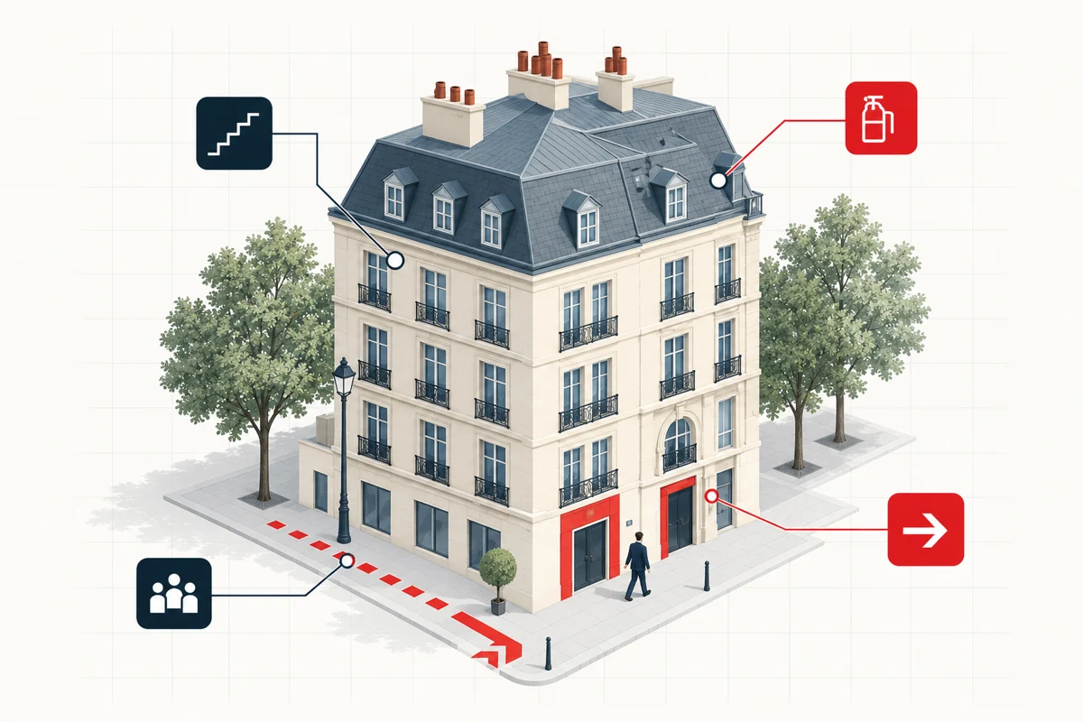 Immeuble haussmannien en trois quarts, avec repères de sécurité incendie